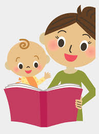 Image of smiling mom holding book open with smiling baby on her lap
