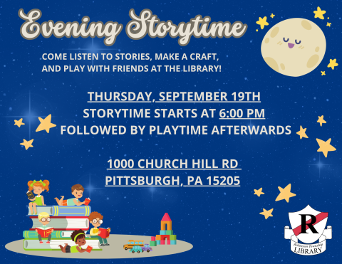 Join us for evening storytime and playtime on September 19th at 6 pm