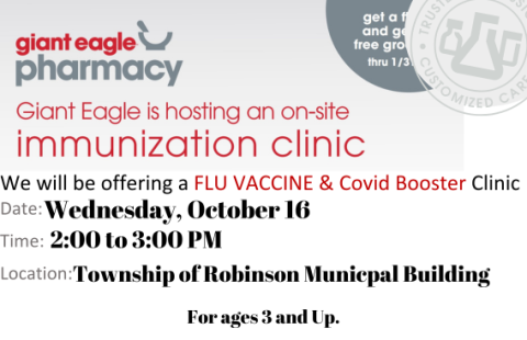 Text reads Giant Eagle Pharmacy Immunization clinic. Flu and Covid booster clinic