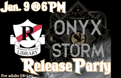 Image of Onyx Storm Book Cover with text that reads Release Party Jan. 6 at 6 PM