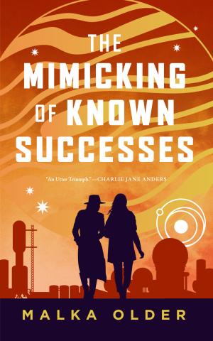 Book cover shows two shadow figures walking on an orange planet.