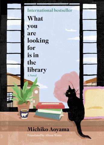 Image shows a black cat sitting in front of a black-framed window next to a stack of books.