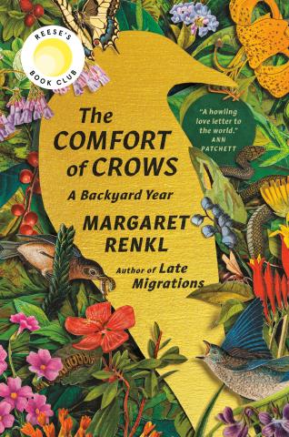 The Comfort of Crows Book cover shows a bird surrounded by flowers and various plants.