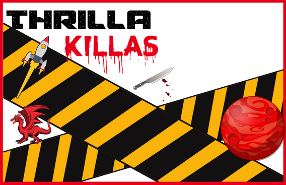 thrilla killas book club image shows knife with blood, space ship, and dragon