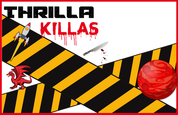 thrilla killas book club icon image shows knife with blood, space ship, and dragon