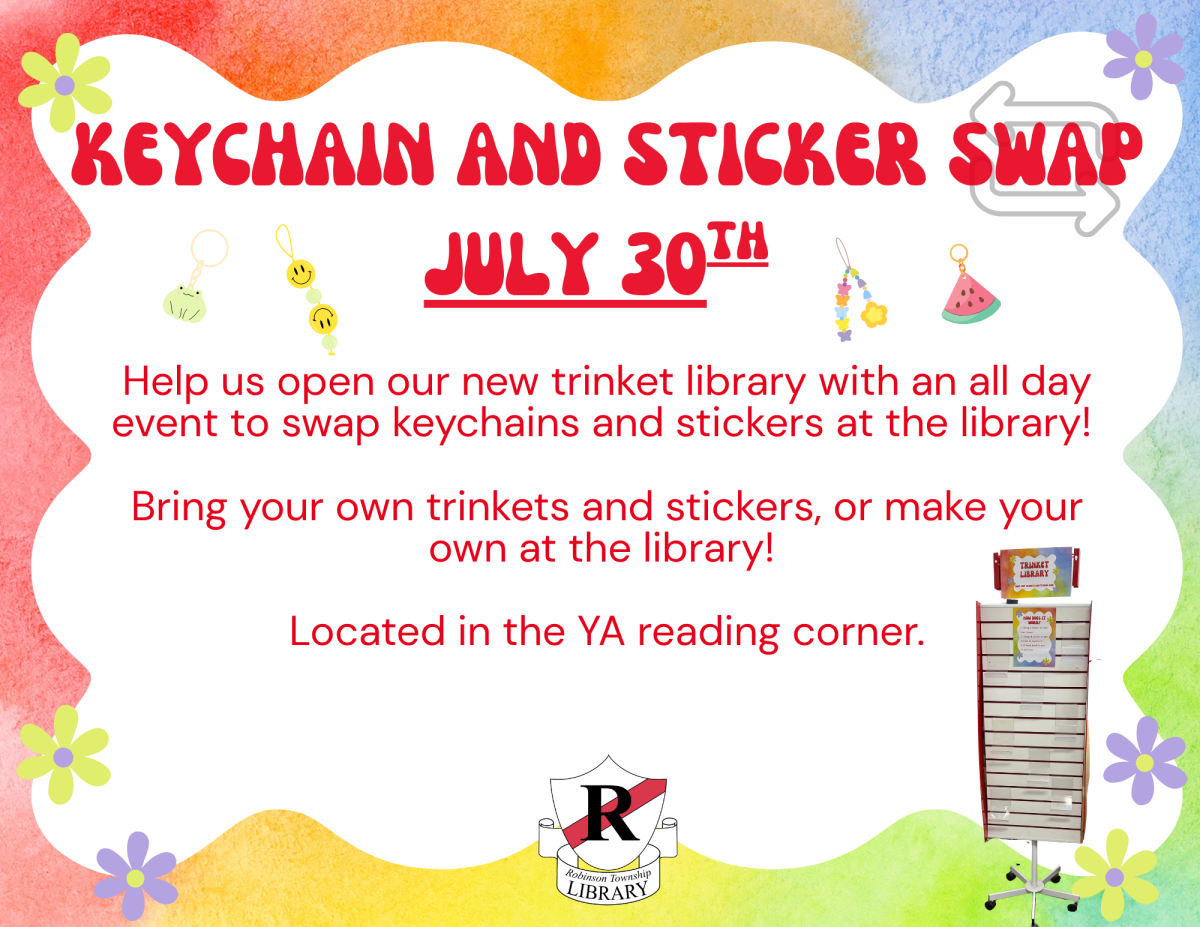 Help us open our trinket library! Come swap keychains and stickers at the library on July 30th