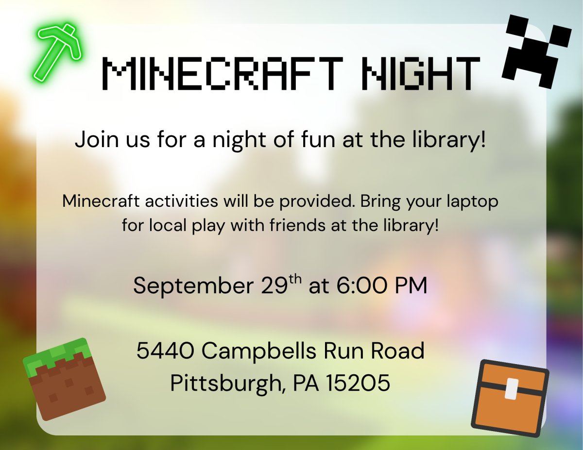 Join us for Minecraft Night on September 29th from 6-7 pm