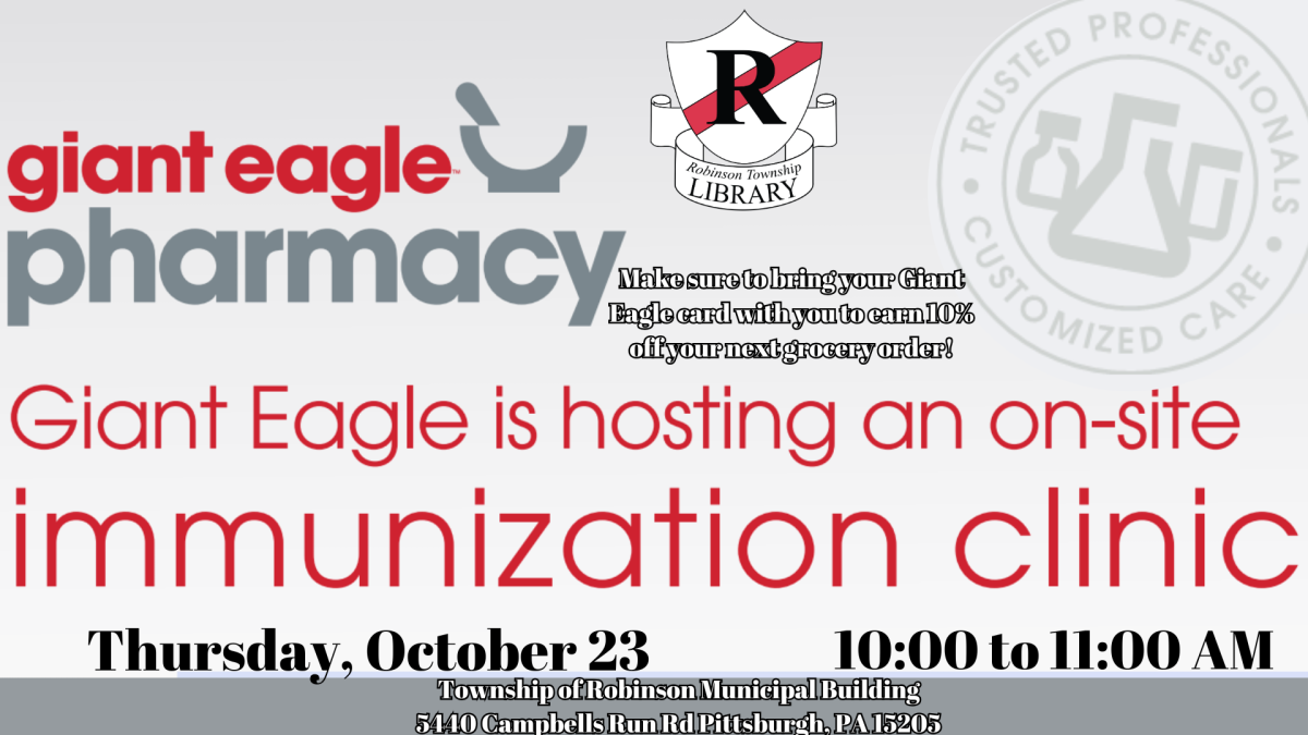 Text on gray background Reads Giant Eagle is hosting an on-site immunization clinic